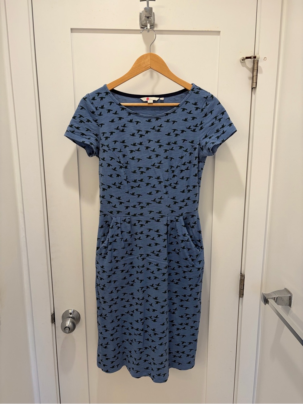 BODEN Phoebe Jersey Dress, Blue with Birds, Pockets, Size UK 8R / US 4R